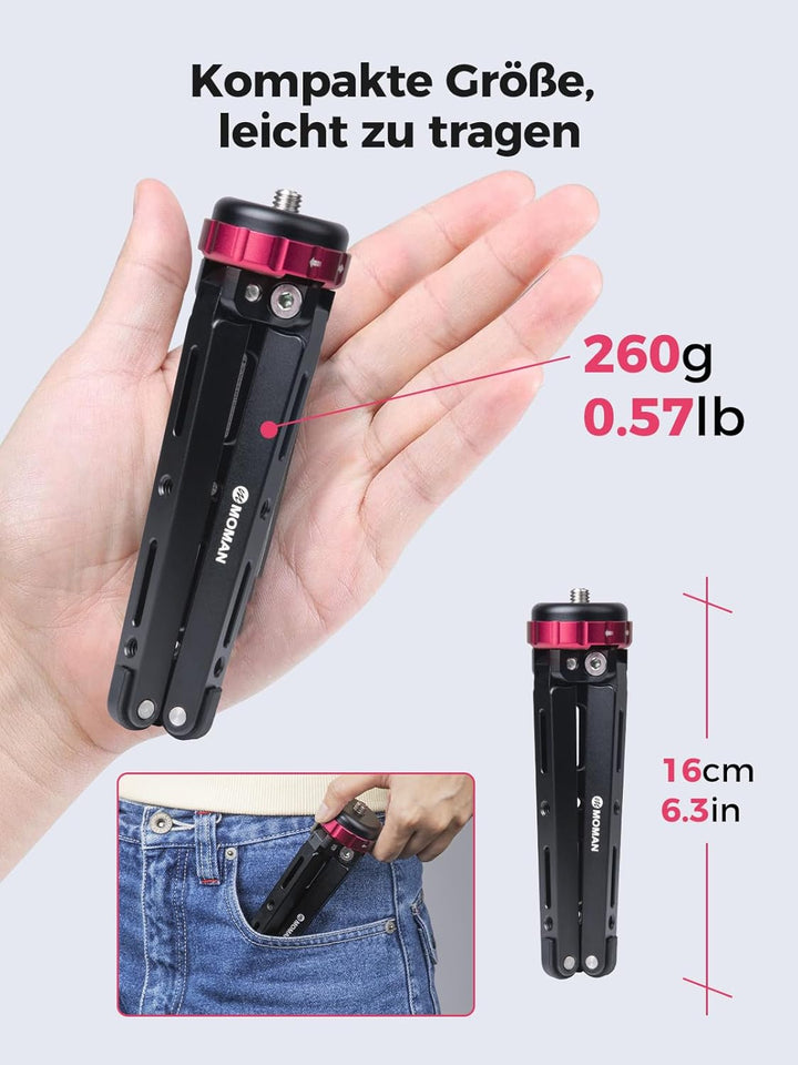 Moman Tischstativ mit Kugelkopf, Mini Kamera Stativ 360° Stativkopf, 1/4 3/8 Schraubbefestigung, CNC