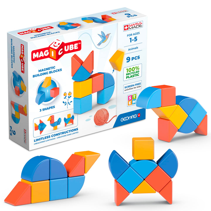GEOMAG - MAGICUBE - 9 Magnetische Bausteine Rot/Orange/Blau - Pädagogisches Spielzeug Für Kinder Ab