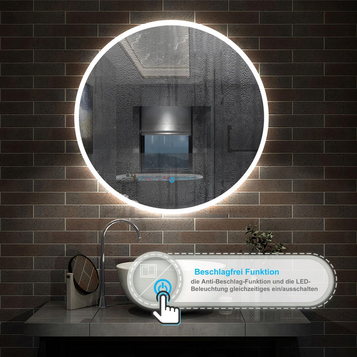 Aica Sanitär Runder LED Badspiegel Rund 80cm 3 Lichfarbe dimmbar Memory Wand/Touchschalter Anti-Besc