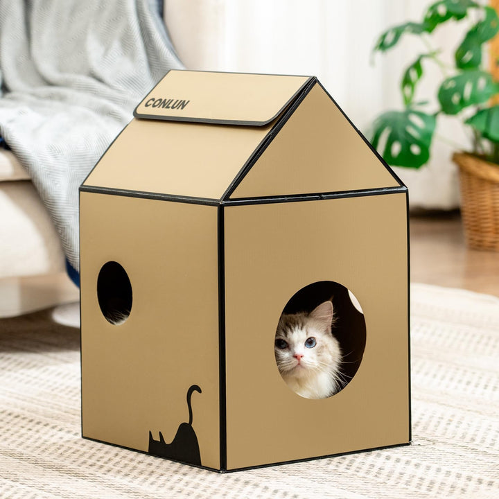 Conlun Katzenhaus mit Kratzbrett &amp; Katzenminze, Leicht zu Montieren - Kratzhöhle für Wohnungskatzen,