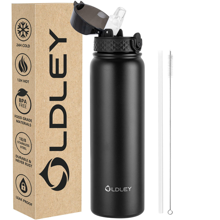 OLDLEY Edelstahl Trinkflasche mit Strohhalm, 1L Isolierte Trinkflasche, Thermosflasche BPA-freie - A