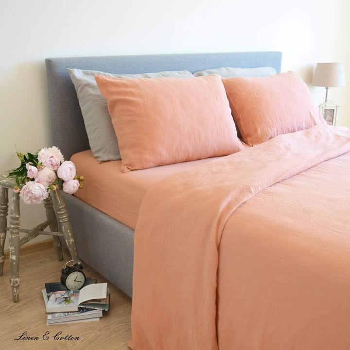 Linen &amp; Cotton Weicher Griff Bettwäsche Set Alicia - 100% Leinen Gewaschen, Coral Rosa (220 x 230 cm