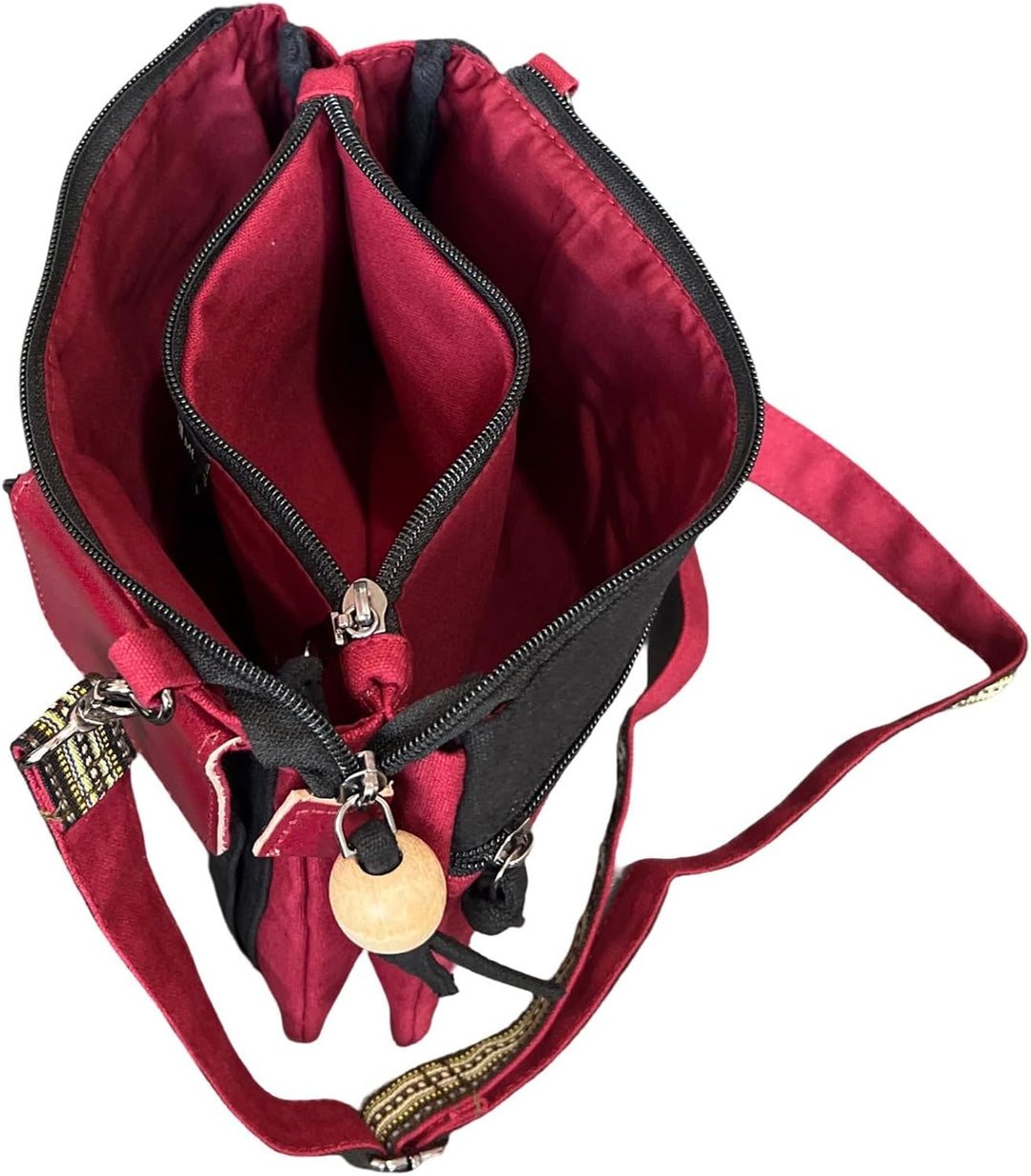 Macha Ethnische kleine Baumwolltasche mit bunten Drucken und Ledereinsätzen, Ethnische indische Baum