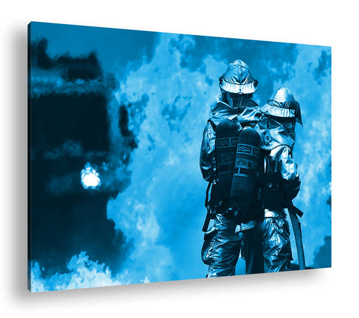 deyoli Feuerwehrmänner mit Flammen Format 80x60 Effekt: Monocrome Blau als Leinwandbild, Motiv ferti