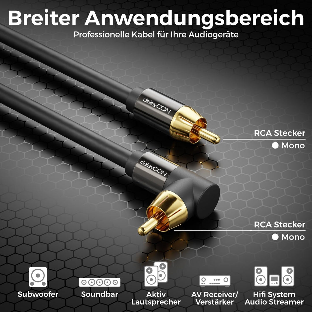 deleyCON 15m Subwoofer Kabel Cinch RCA Koaxialkabel Winkelstecker | Nylon Kabel für Subwoofer, AV-Re