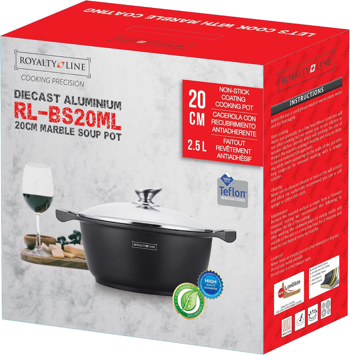 Royalty Line RL-BS20M - Kochtopf mit Glasdeckel, Antihaftbeschichteter, Induktionsgeeignet, Schwarz,