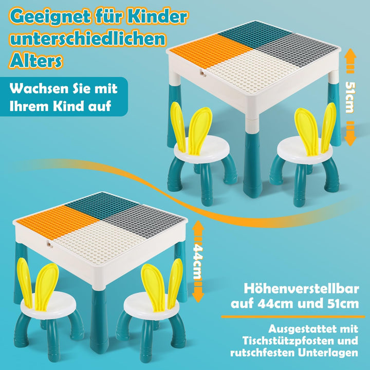 Kindertisch mit 2 stühlen Spieltisch Kinder mit 251 Bausteine,Multifunktionaler Aktivitätstisch ab 2