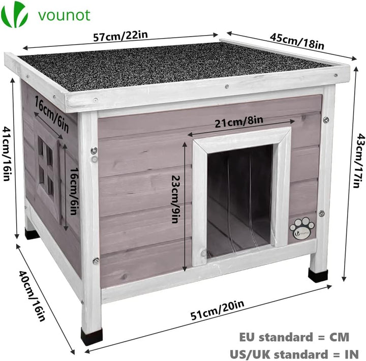 VOUNOT® Katzenhaus aus Holz, Katzen Haus mit Asphaltdach, Katzenhütte für Draussen Outdoor 57 x 45 x