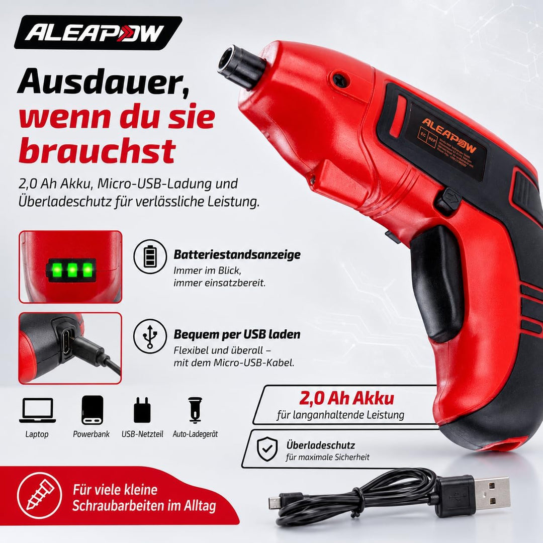 Mini Akku-Schrauber 3,6V, 200 U/Min, 5 Nm, 2000mAh, mit 9+1 Bits, LED-Licht, USB-Ladekabel – kompakt