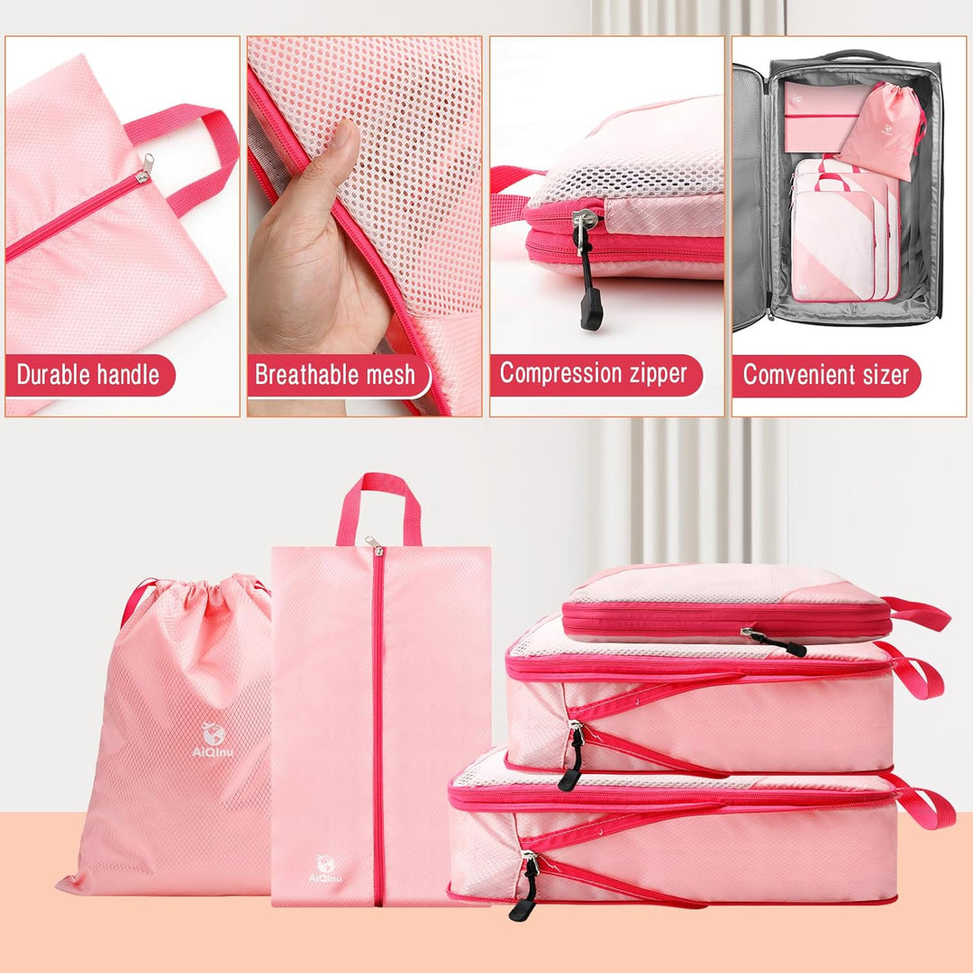 AiQInu Packing Cubes Compression, 5 Stück Packtaschen Kompression Koffer Organizer Set mit Wäschebeu