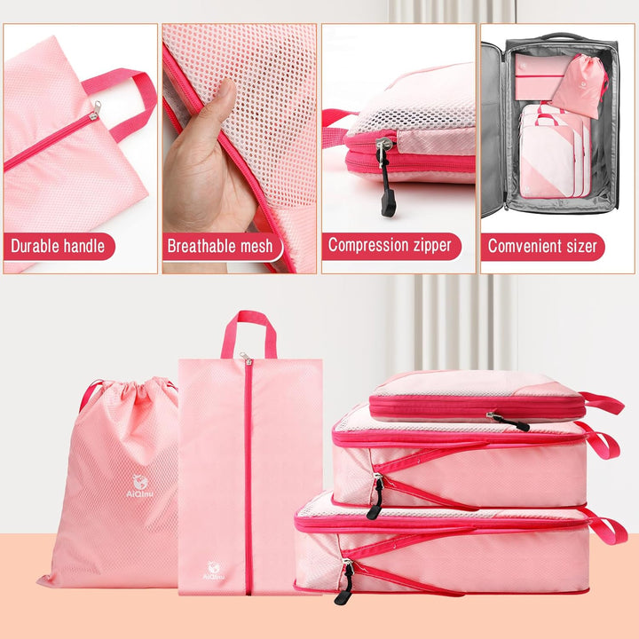 AiQInu Packing Cubes Compression, 5 Stück Packtaschen Kompression Koffer Organizer Set mit Wäschebeu