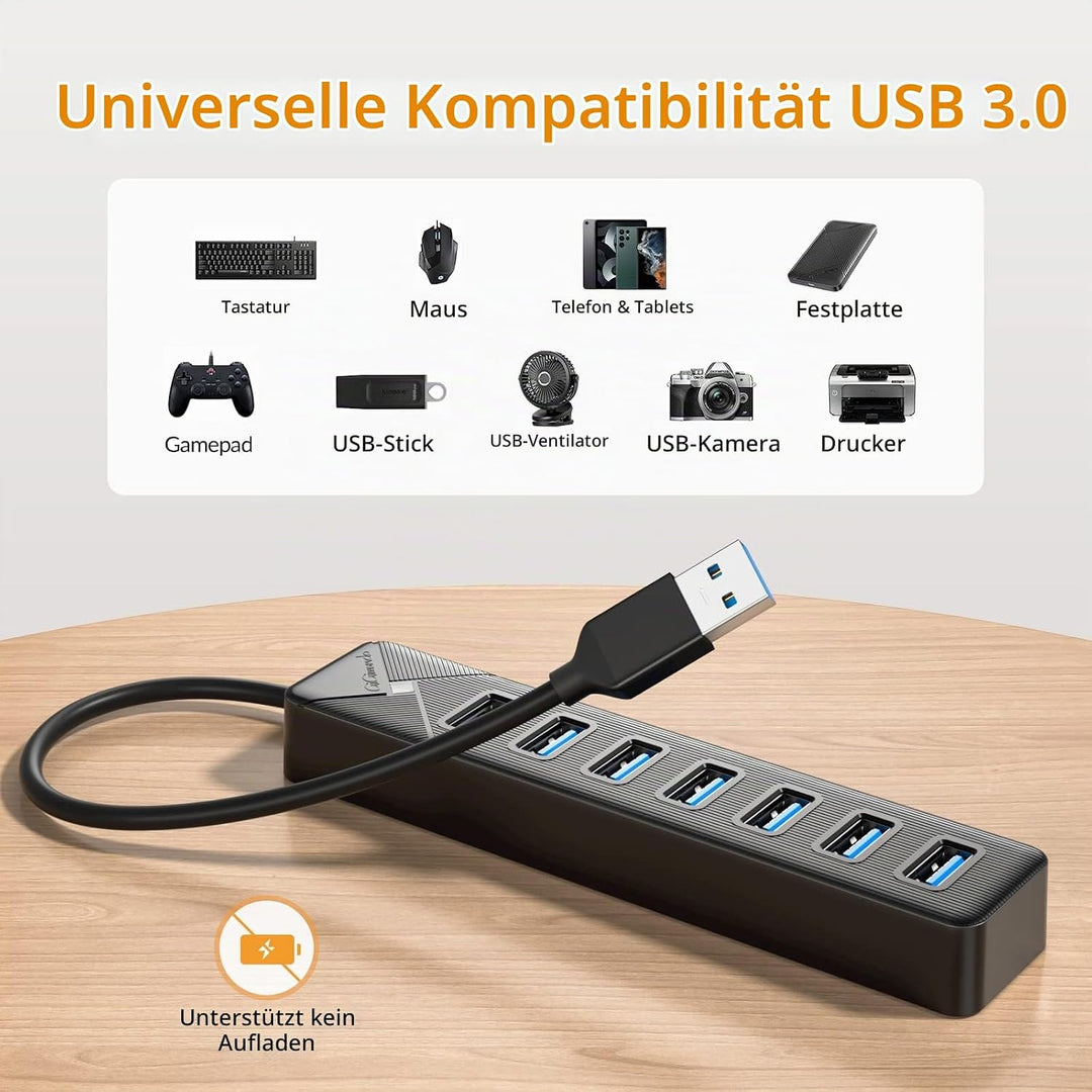 GiGimundo PG7U USB Hub 3.0, 7-Port USB Verteiler, 15CM Kurz Kabel mit 5V/3A Stromeingang, Mehrfach U