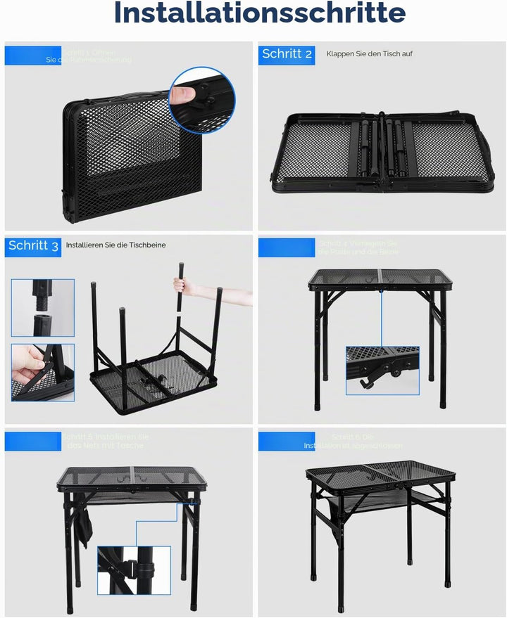 MSDADA Klappbarer Grilltisch, Höhenverstellbarer Aluminiumtisch mit Netz-Desktop und Netztasche, Tra