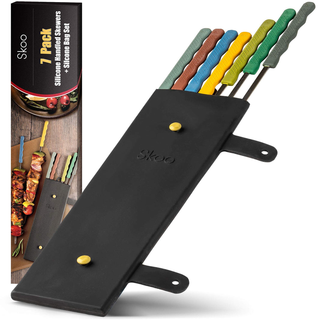 Skoo Barbecue Spiesse Set - 7 Grillspiesse aus Edelstahl mit Silikongriff + Silikon-Aufbewahrungstas