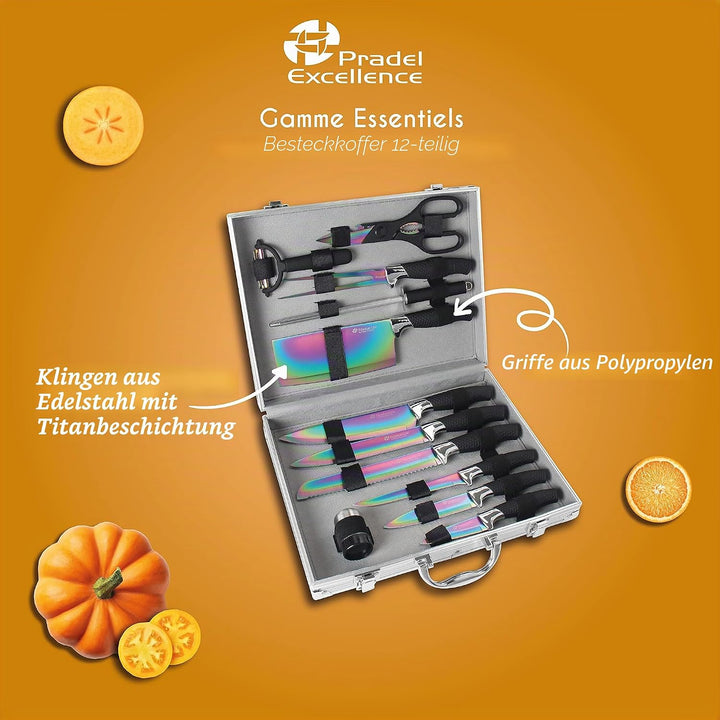 Pradel Excellence - PCOT001004 Messerkoffer, 12-teilig, Edelstahlklingen, Titanbeschichtung, Griffe