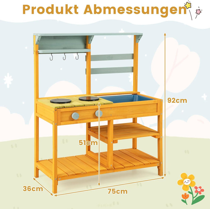 COSTWAY Matschküche Kinder Outdoor, Kinderküche Holz mit Spüle, Spielküche mit Haken & abnehmbarem R