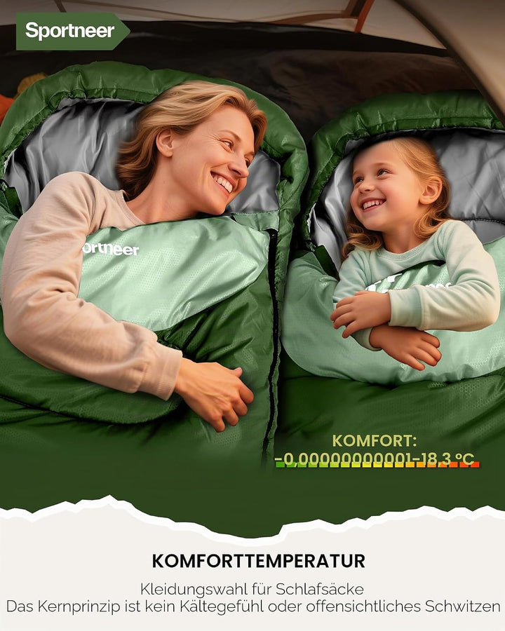 Sportneer Schlafsack Outdoor，Schlafsack 3-4 Jahreszeiten für Erwachsene &amp; Kinder – Warm, Leicht &amp; Tr