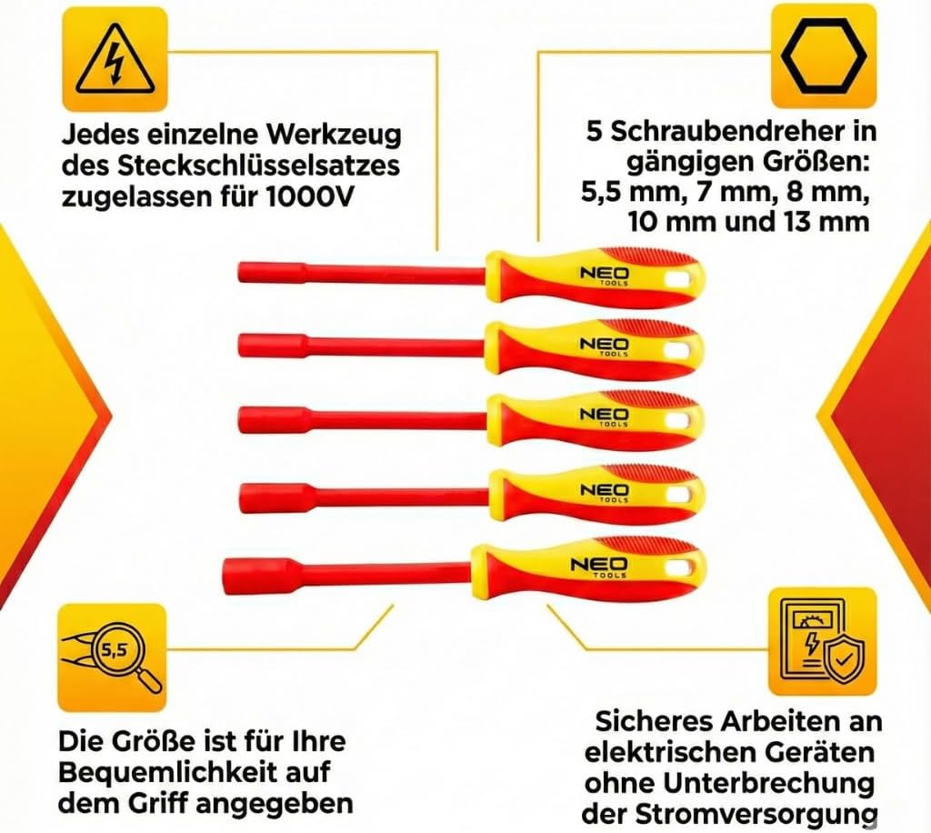 NEO TOOLS VDE Steckschlüssel-Satz Isoliert 5-tlg. | für Aussensechskantschrauben 5,5mm 7mm 8mm 10mm