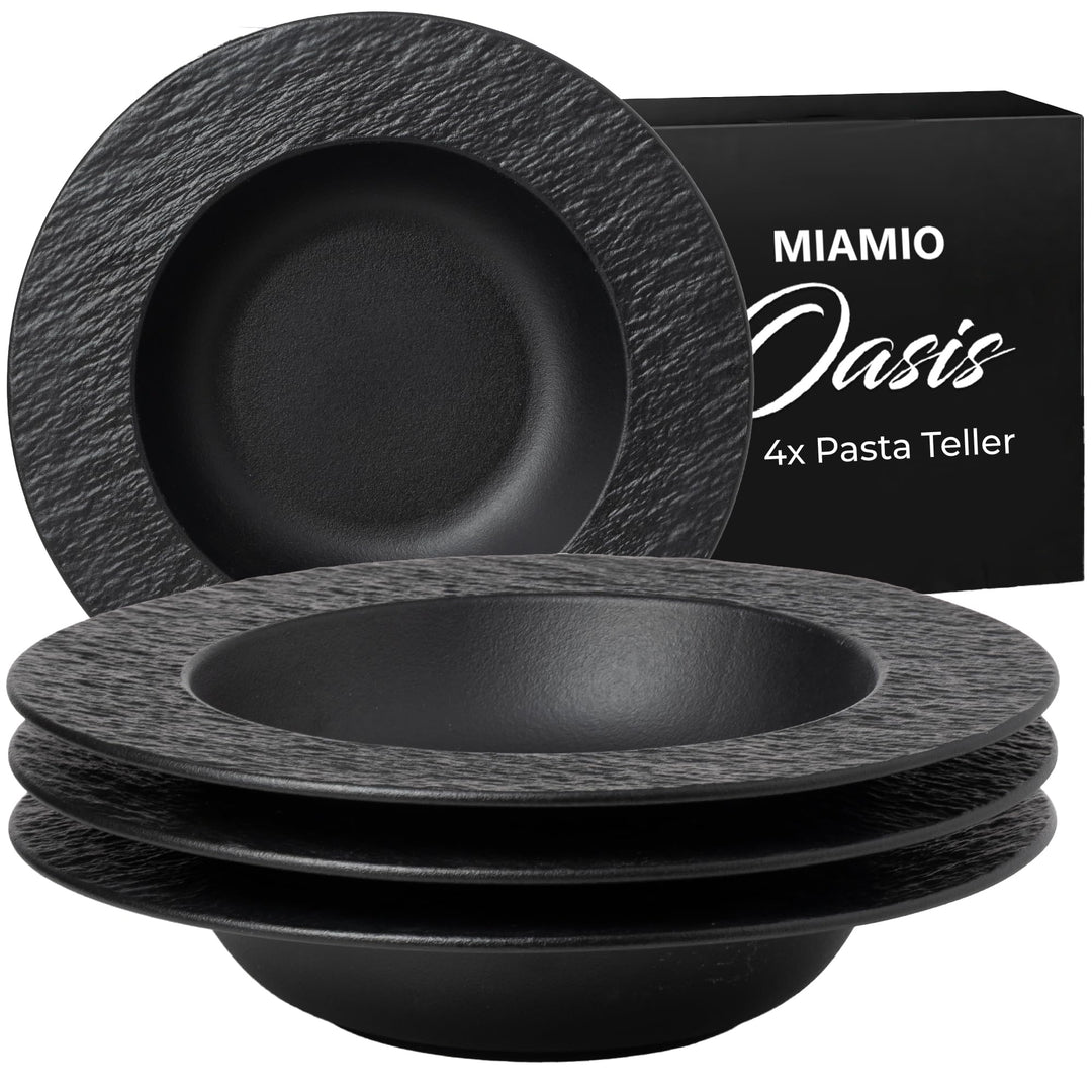 MIAMIO – 26 cm, 4er Pastateller-Set, grosse tiefe Suppenteller, modernes Keramik-Geschirr in schwarz