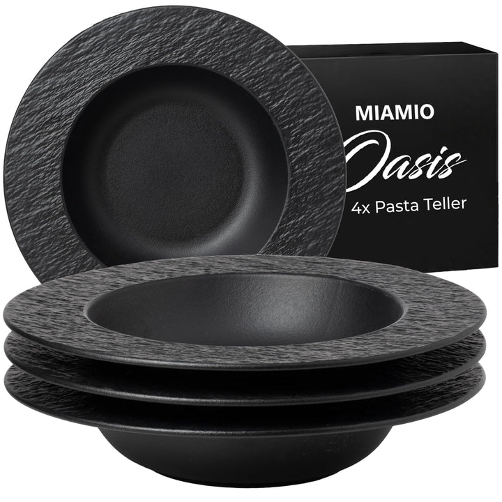 MIAMIO – 26 cm, 4er Pastateller-Set, grosse tiefe Suppenteller, modernes Keramik-Geschirr in schwarz