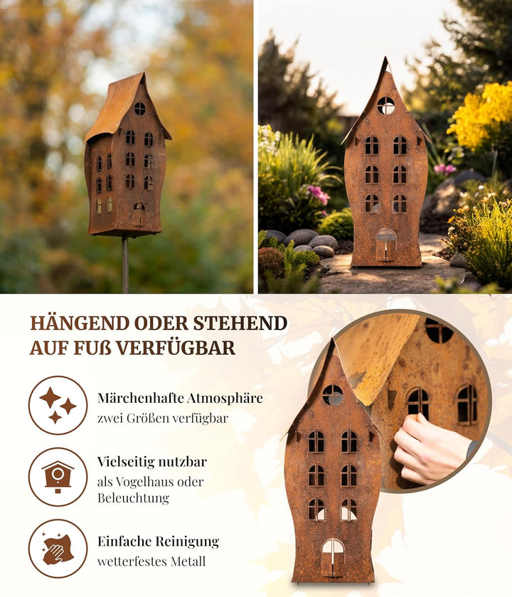 Hexenhaus mit 3 Etagen auf Stab (15x15x45cm) – wetterfest – Vogelhaus aus Metall im Rostdesign – mit