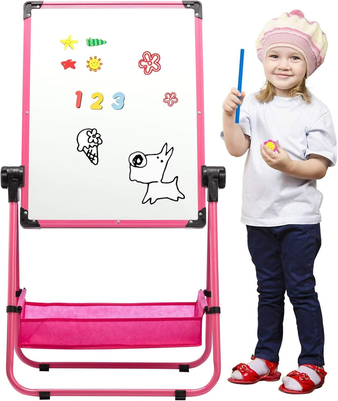 DOEWORKS Kinder Whiteboard Staffelei Doppelseitiges Staffelei Kinder Whiteboard & Kreidetafel Magnet