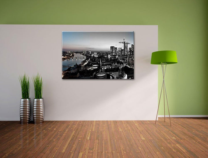 Frankfurter Skyline bei Sonnenuntergang schwarz/weiss Format: 100x70 auf Leinwand, XXL riesige Bilde