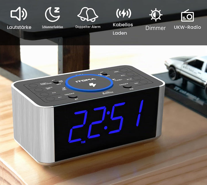 iTOMA Radiowecker Kabelloses Laden, Snooze, Digitales UKW-Radio mit Bluetooth Dual Alarm, Dimmer LED