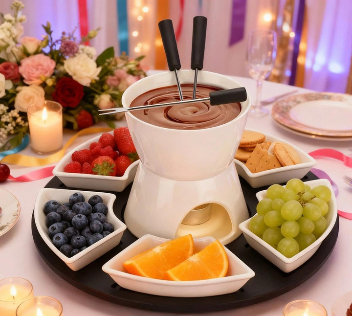 Keramik Schokofondue Set, 300ML Schokoladenfondue mit 4 Keramiktellern und 4 Gabeln, für Käse Fondue