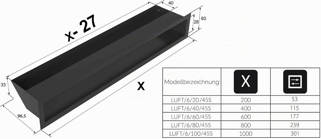 KRATKI Lüftungsgitter LUFT | Warmluftgitter 6 x 80 cm | Schwarz | Abluftgitter für Kamin Belüftung |