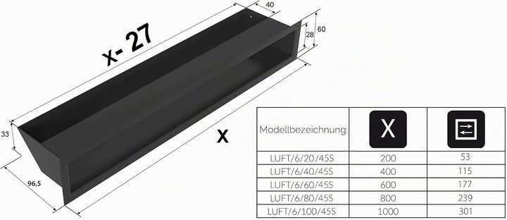 KRATKI Lüftungsgitter LUFT | Warmluftgitter 6 x 80 cm | Schwarz | Abluftgitter für Kamin Belüftung |