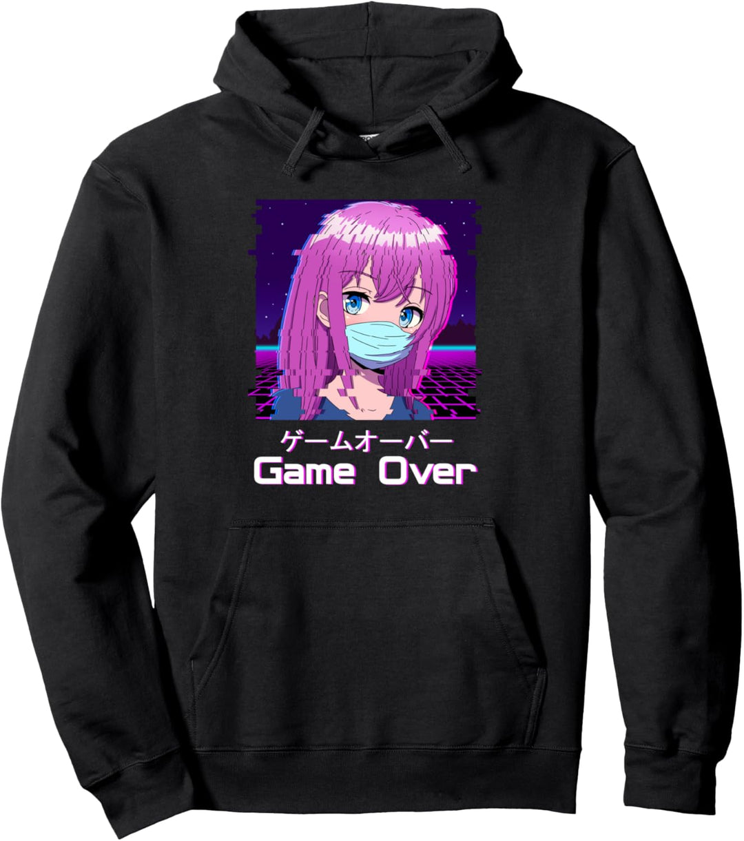 Anime Girl In Face Mask Vaporwave Aesthetic Anti Social Pullover Hoodie