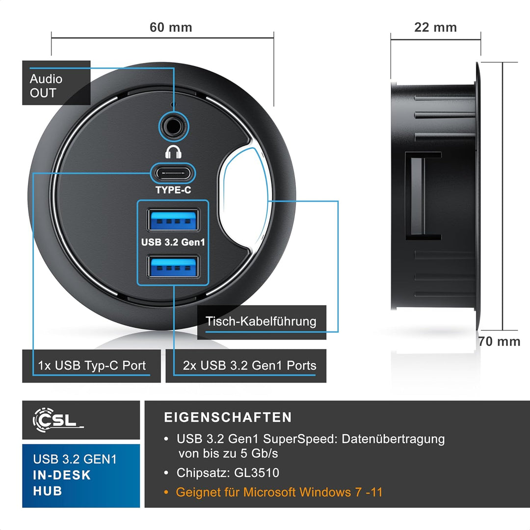 CSL - USB 3.2 In-Desk USB Hub - Tisch Kabeldurchführung - Tischkabeldose - 2 x USB 3.2 – 1 x USB C 3