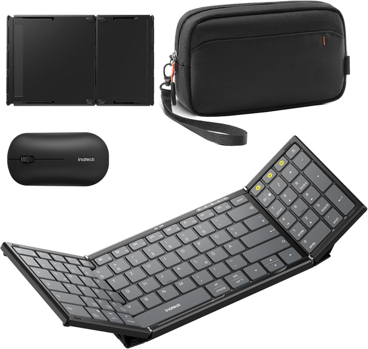 Inateck Faltbare Tastatur Maus Set Kabellos,Klappbare Tastatur mit Ziffernblock mit 3 Kanälen,mit St