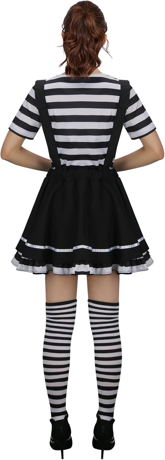 NUWIND Damen Pantomime Kostüm Französisch Klassisch Mime Spiel Set, schwarz-weiss gestreiftes Oberte