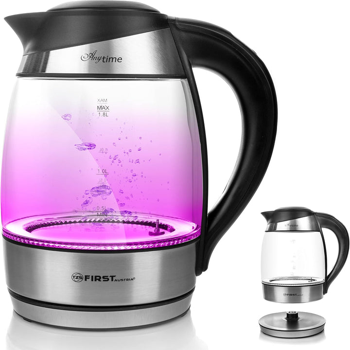 TZS First Austria Edelstahl Glaswasserkocher mit Teefilter 1,8L, 2200W, Temperatureinstellung 40 Gra