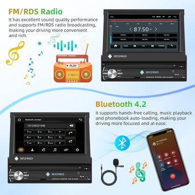 Podofo Android 12 Autoradio 1 Din mit GPS Navi und Bluetooth, 7 Zoll Flip Out Touchscreen Auto Stere