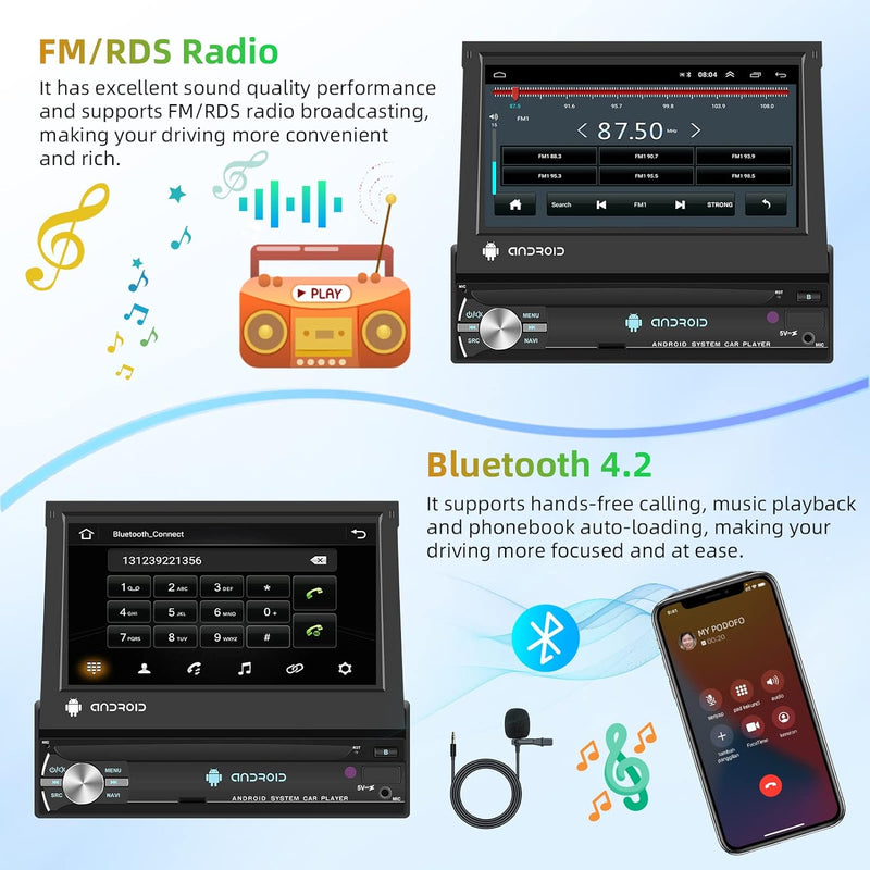 Podofo Android 12 Autoradio 1 Din mit GPS Navi und Bluetooth, 7 Zoll Flip Out Touchscreen Auto Stere