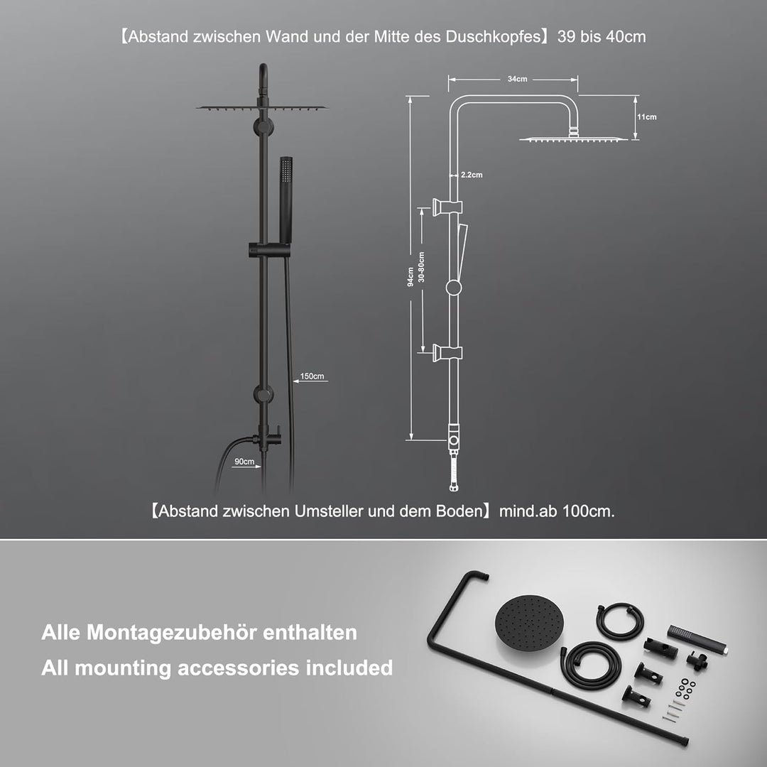 Görbach Regendusche Duschsystem ohne Armatur, Edelstahl Duschset mit 92cm Duschstange, Rund Überkopf