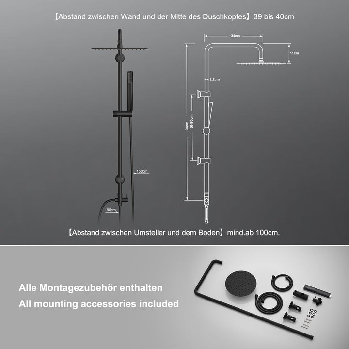 Görbach Regendusche Duschsystem ohne Armatur, Edelstahl Duschset mit 92cm Duschstange, Rund Überkopf