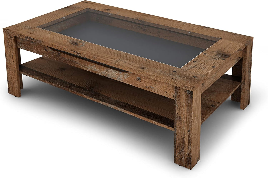 byLIVING Couchtisch Ralph/moderner Sofatisch mit Glaseinlage und grosszügiger Schublade in Old Wood-