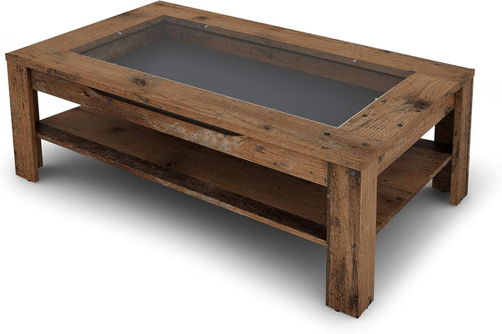 byLIVING Couchtisch Ralph/moderner Sofatisch mit Glaseinlage und grosszügiger Schublade in Old Wood-