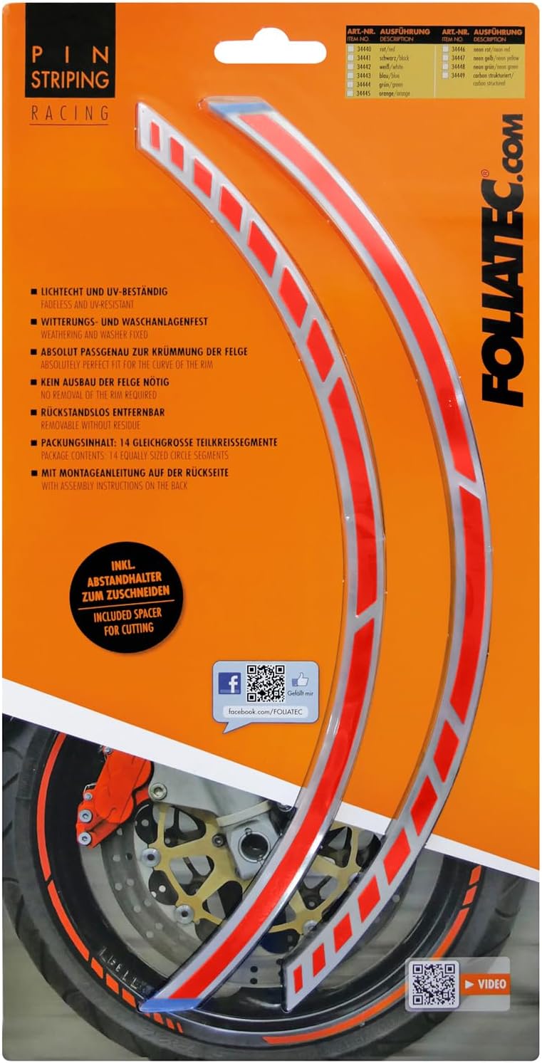 FOLIATEC PIN Striping Racing Felgenrandaufkleber Motorrad Zierstreifen Felgen Aufkleber, neon rot, N