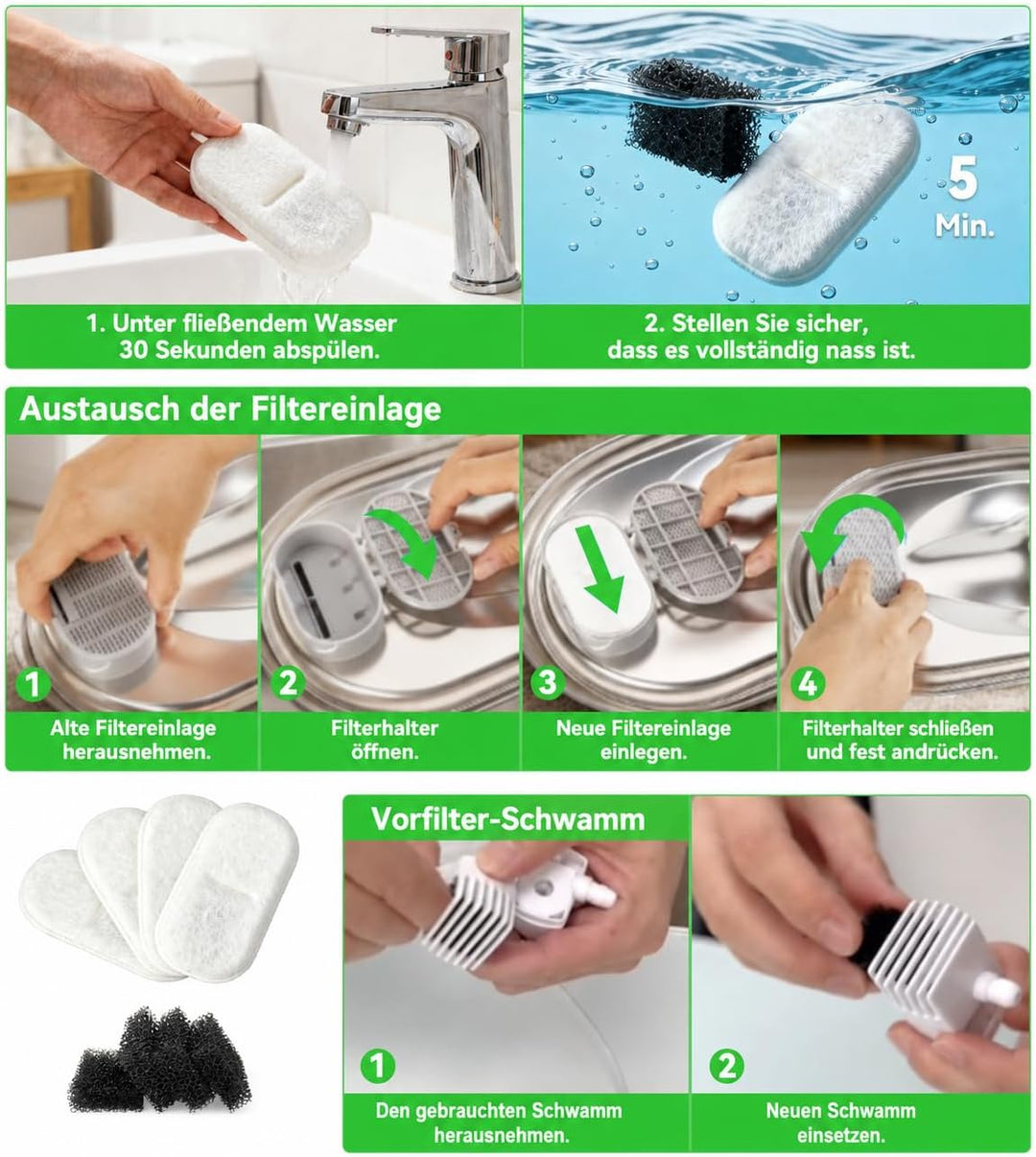 Katzenbrunnen Filter Ersatz für Fountain: 8 Kohlefilter 8 Schaumstofffilter 8+8 8+8, 8+8 8+8