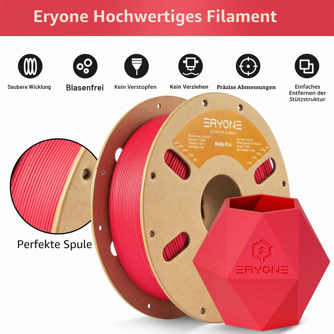 ERYONE Matte PLA 3D Drucker Filament 1.75mm, Massgenauigkeit +/- 0.03 mm, 1 kg 1 Spule, Matte Rot, M
