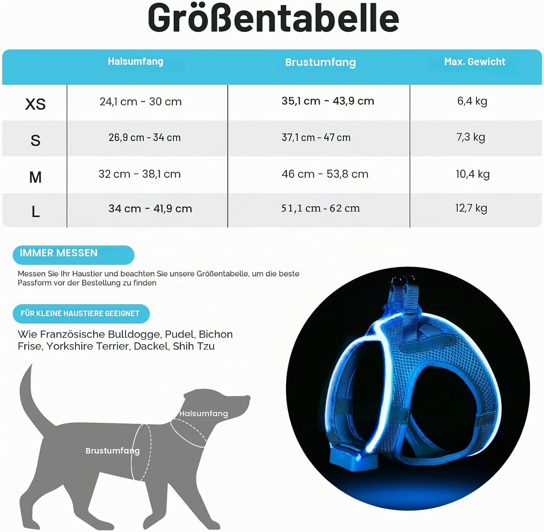 Leuchtend Hundegeschirr LED Aufladbar - Leuchtgeschirr Leuchtendes &amp; Reflektierendes für Welpe Klein