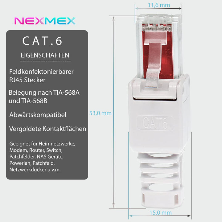 NEXMEX 12x RJ45 CAT 6 Netzwerkstecker werkzeuglos Stecker für CAT6 CAT6A für Netzwerkkabel 12 Stück,