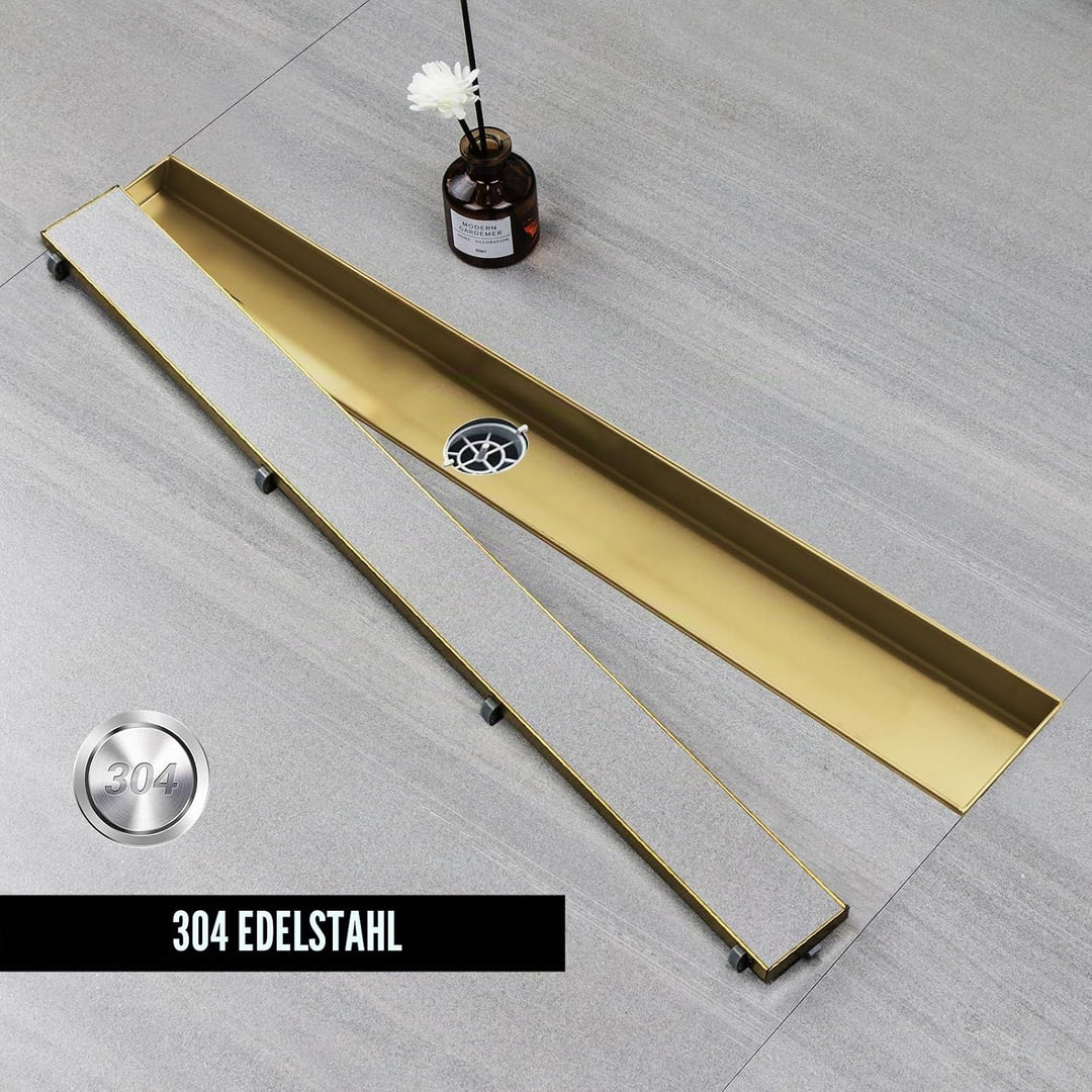 Duschrinne 50 cm, Gold Befliesbar Duschrinne extra flach, Edelstahl Bodenablauf Komplettset mit 360°