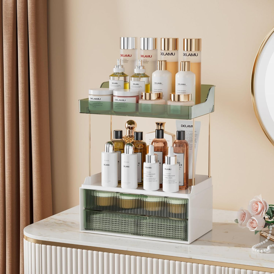 Delamu Make Up Organizer mit 2 Schubladen, 2 Etagen Kosmetik Organizer, Multifunktions Grösser Kosme