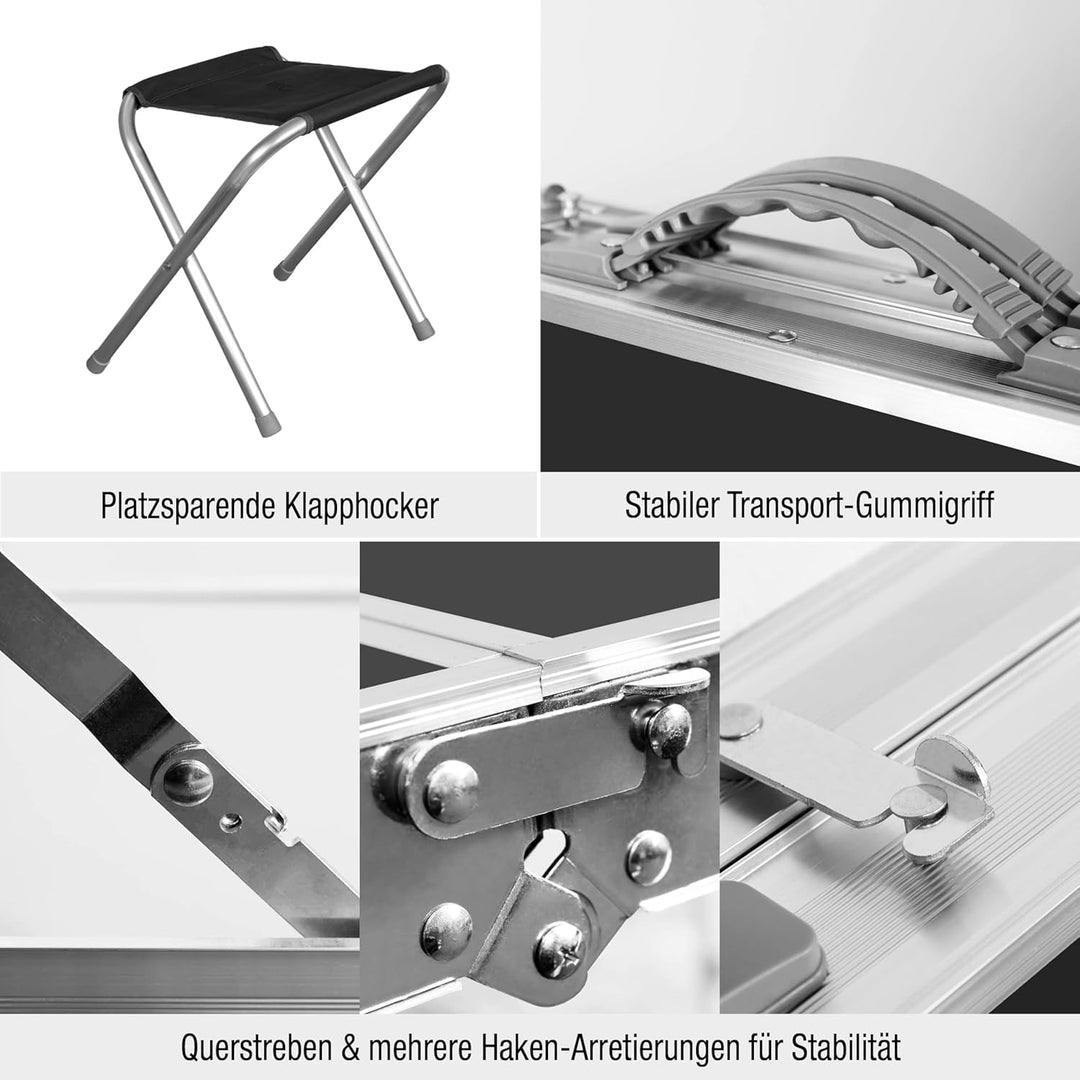 Faltbarer Campingtisch mit Klappfunktion – Stabiler Alu-Klapptisch mit 4 mm MDF-Platte – Höhenverste